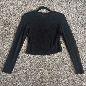Just Polly New York Black Sheer Mesh Knit Crop Top Metallic Long Sleeve